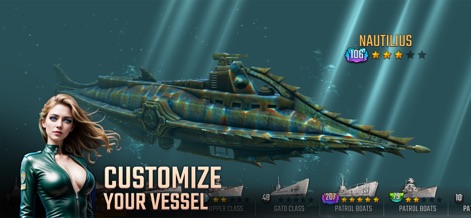 Uboat Attack - The app allows players to customize their naval assets, showcasing a unique submarine design such as the Nautilus and presenting a clear selection interface with class types and star ratings.