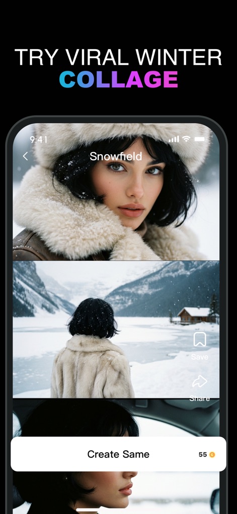 Chatlulu:Video&Photo Editor - Craft viral winter collages with ease, featuring visually striking multi-image layouts and integrated save and share functionalities for quick publishing.