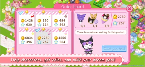 Hello Kitty World 2 - Players can engage with an interactive "Order board" to fulfill requests for character-themed products, earning valuable coins and experience points.