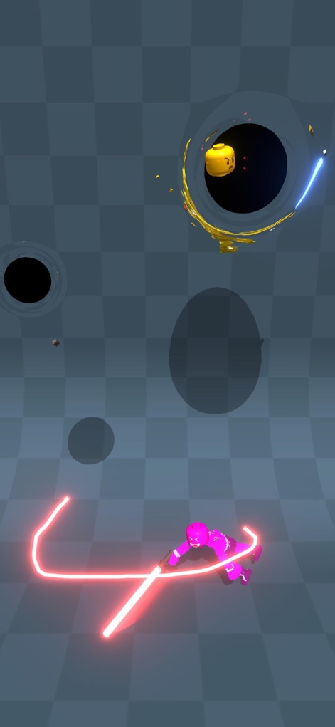 Draw Block Gladiator - Observe the player's dynamic movement, illustrated by the vibrant red sword trail, as a block head enemy emerges from a dark portal, setting the stage for engaging combat.