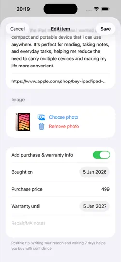 Screenshot von WishList Logs auf dem iPhone 1