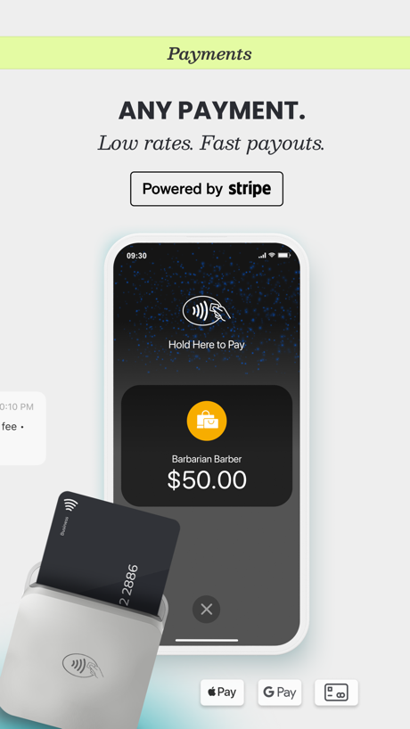 Booksy Biz: Booking & Payments App Store screenshot 5, headline “ANY PAYMENT.”. Subline adds a second benefit.