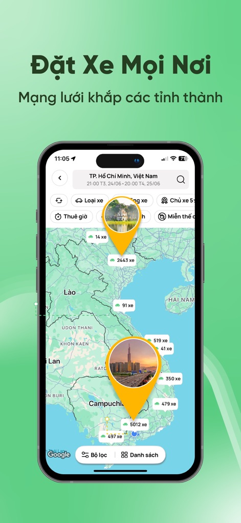 MIOTO - Thuê xe tự lái - This map view visually demonstrates the app's extensive network across Vietnam, highlighting "car availability markers" in various cities, allowing users to effortlessly find rentals anywhere.