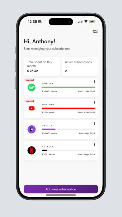 subs - tracking subscriptions Screenshot
