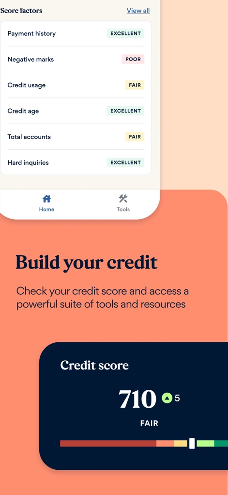 Best Egg - Examine the app's comprehensive credit tools, showcasing detailed 'Score factors' and an at-a-glance 'Credit score' display with its corresponding rating.