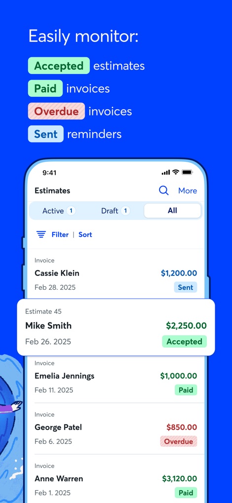 Wave: Small Business Software - Effortlessly manage client payment cycles by monitoring the status of all estimates and invoices, clearly displaying accepted estimates and overdue payments.