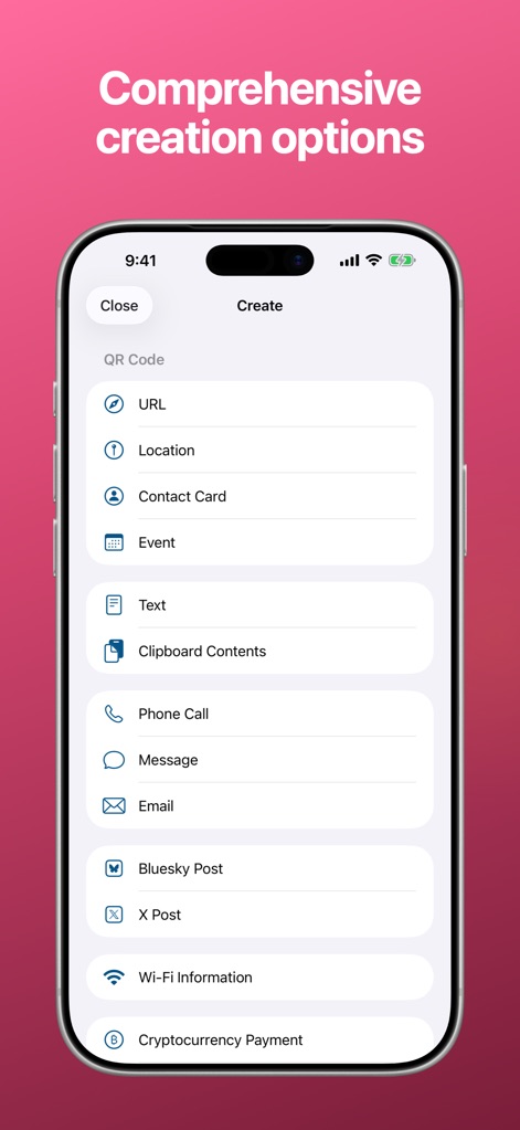 Qrafter: QR Code Reader - Discover the comprehensive content generation capabilities, enabling users to create QR codes for diverse data types like URLs and Contact Cards, or specialized functions such as Wi-Fi connection details.