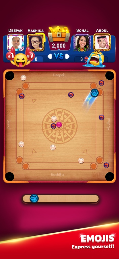 Carrom King - Users can engage in lively team matches, featuring distinct player avatars and a variety of interactive emojis to express themselves.