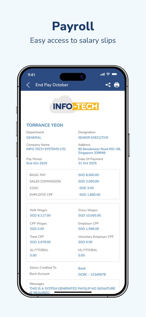 INFOTECH HRMS - The app provides employees with clear access to their 'Payslip', detailing components like 'Basic Pay' and 'Nett Wages' for full financial transparency.