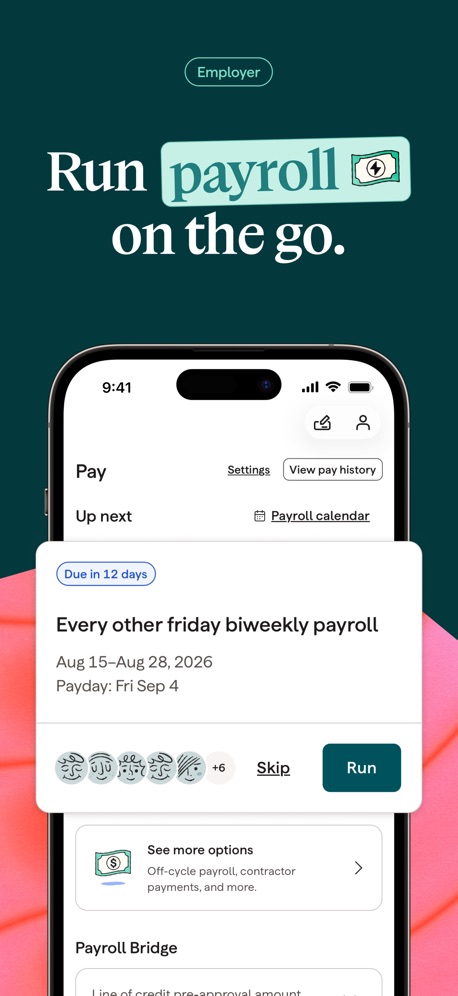 Gusto Mobile App Store screenshot 1, headline “Run payroll on the go.”. Teal.