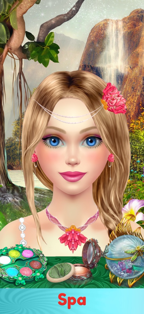 Dress Up & Makeup Girl Games - A imagem apresenta uma modelo com uma flor no cabelo e brincos florais, acompanhada por uma paleta de sombras e um pote de creme.