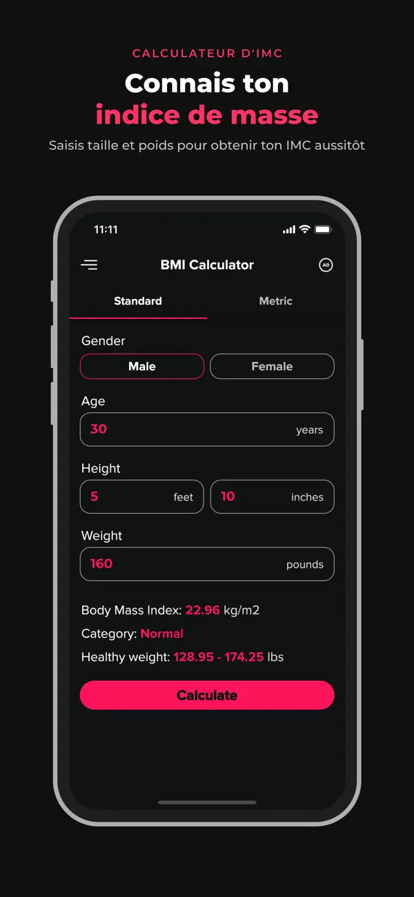 Screenshot #1 pour Calculateur d'IMC et suivi
