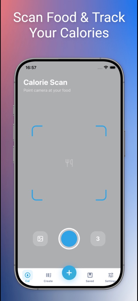 Qscan - qr code reader. - Discover the dedicated calorie scan interface, instructing users to 'Point camera at your food' and featuring a central camera button for effortless food recognition.