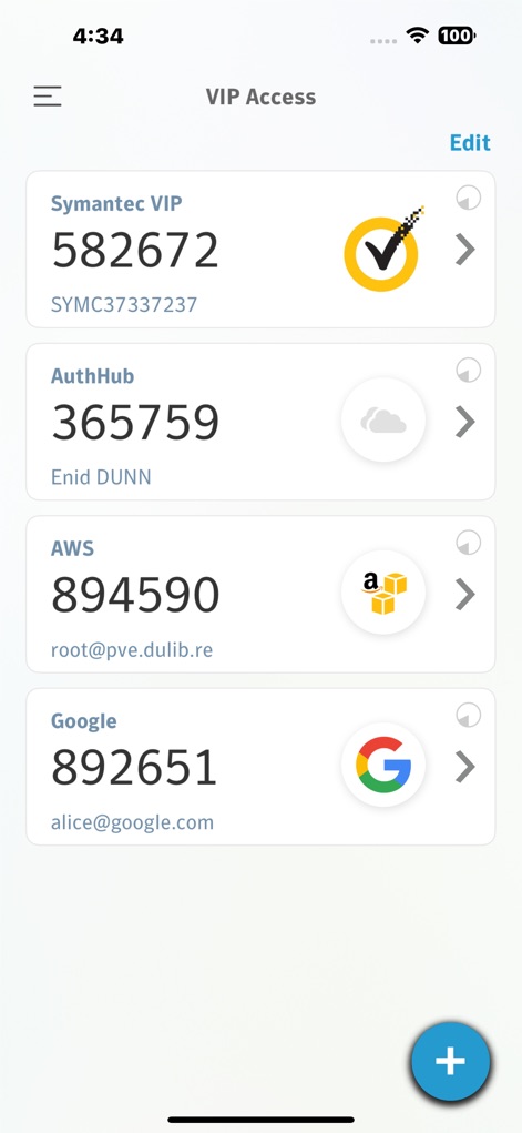 VIP Access for iPhone - Users can view a comprehensive list of their registered VIP-enabled accounts, displaying each account's current security code and a prominent 'Edit' button for management.