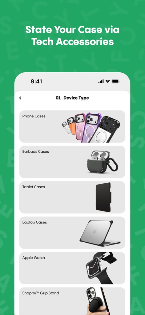 CASETiFY - Seleziona facilmente il tipo di dispositivo da personalizzare, con un elenco chiaro che include 'Phone Cases', 'Earbuds Cases' e 'Laptop Cases', per un'esperienza di acquisto mirata.