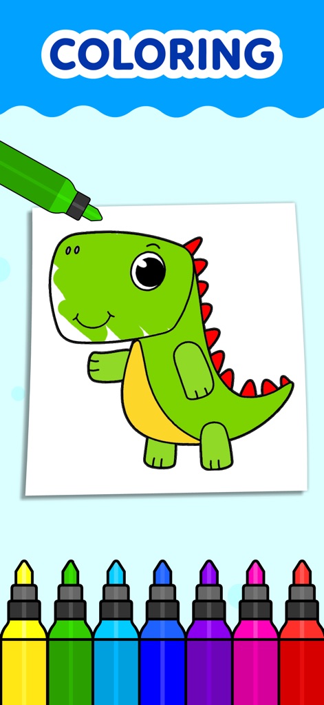Coloring Games for Kids 2-6! - Dieses Tool ermöglicht Nutzern, eine grüne Dinosaurier-Illustration mühelos mit dem interaktiven Malprozess auszufüllen, indem sie den virtuellen Stift verwenden.