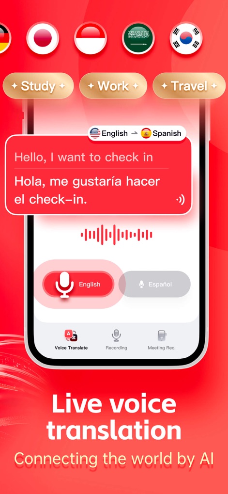 AI Voice Translate:Translator - Esta captura ilustra a tradução de voz em tempo real, mostrando uma frase em inglês e sua tradução para o espanhol, junto com os botões de microfone para cada idioma.