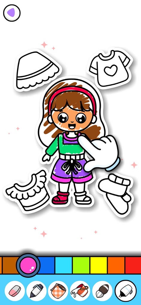 Coloring for Kids & Toddlers + - キャラクターの洋服をカスタマイズしながらぬり絵をすることで、子供たちの想像力と色の組み合わせのセンスが養われます。