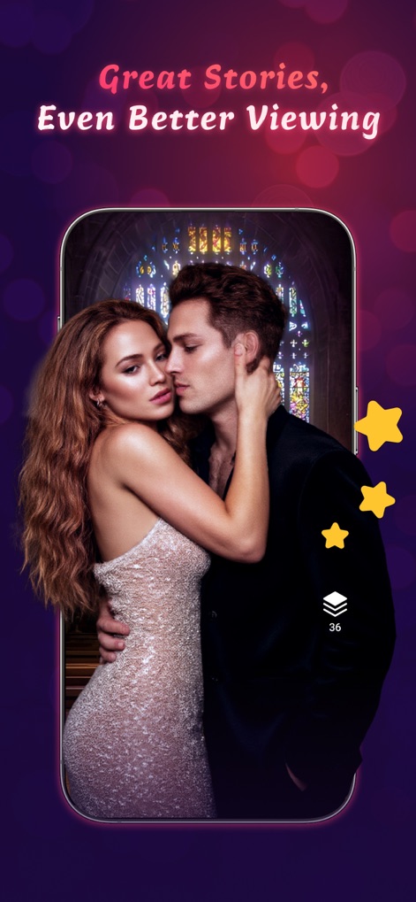 MeloShort-Stream Movies&Dramas - Esta captura de tela apresenta um casal em um momento intenso na tela de um smartphone, acompanhado por ícones de estrelas de avaliação e o número de episódios, destacando a profundidade das narrativas disponíveis.