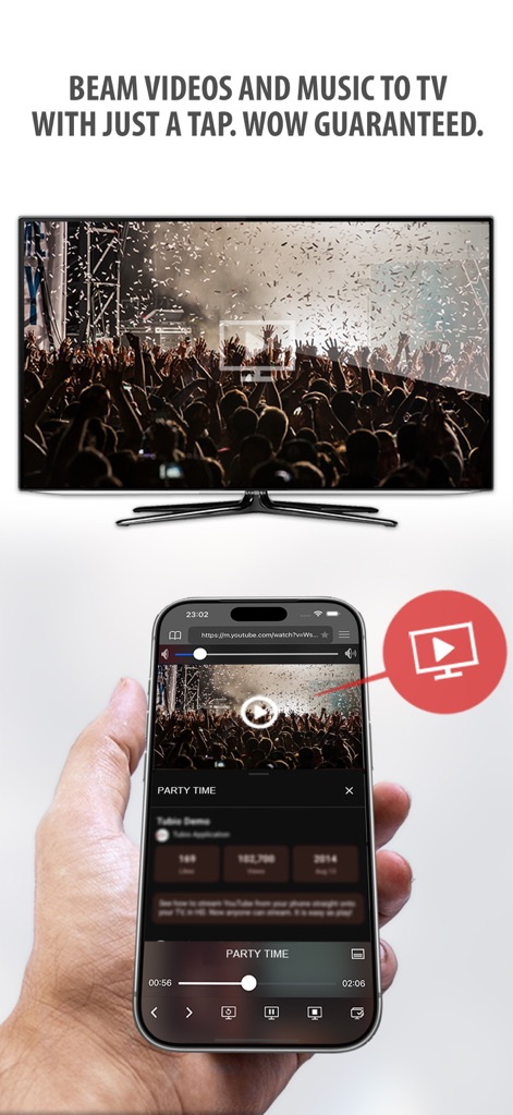 Tubio - Cast Web Videos to TV - La aplicación permite a los usuarios enviar videos y música del teléfono al televisor con un solo toque, evidenciado por el icono de transmisión y la pantalla del televisor que refleja el contenido.