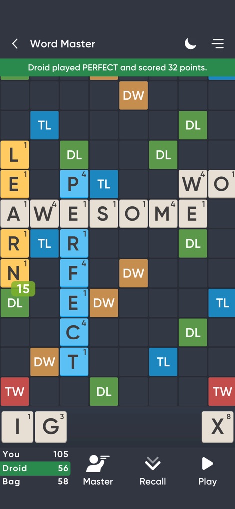 Word Master - Classic - Observe the varied board layouts in play and the integrated dark theme for comfortable extended gameplay.