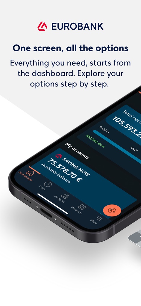 Eurobank Mobile App - The app consolidates financial details on the main dashboard, displaying total account balance and current month's income/expenses for quick financial insights.