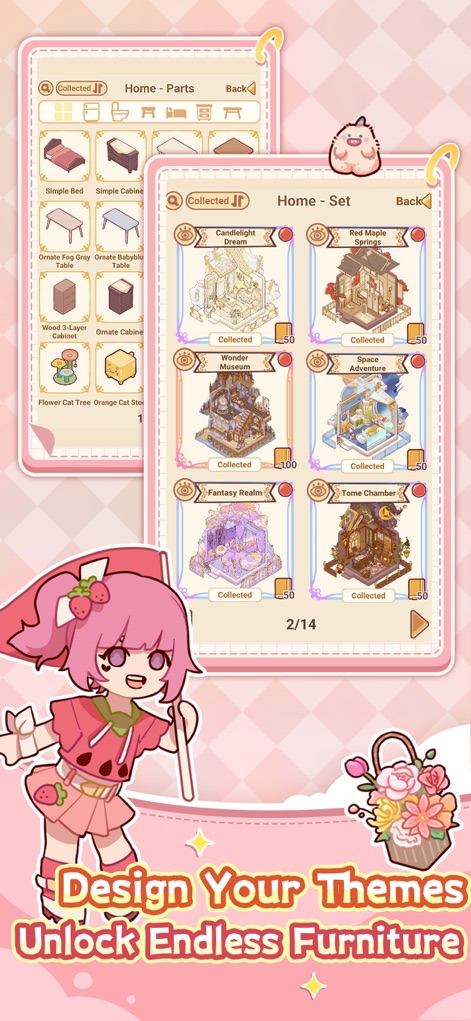 My Leisure Time - The app's design options are extensive, with specific menus for "Home - Parts" offering individual items and "Home - Set" presenting pre-designed, themed collections for effortless home styling.