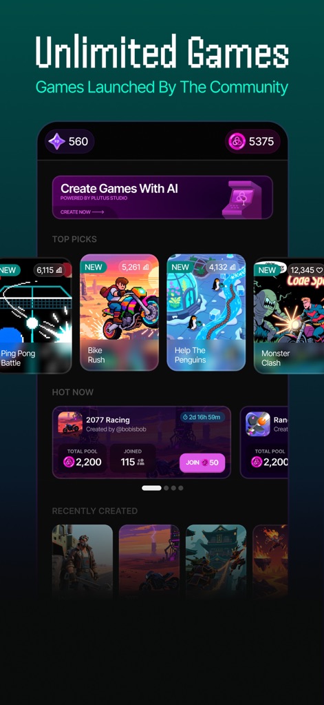Plutus: Create, Play, Win - O aplicativo apresenta uma vasta biblioteca de jogos da comunidade, com seções como "Top Picks" e "Hot Now" para torneios, que oferece aos usuários um fluxo constante de novas experiências.