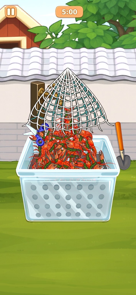 Cookzii: Cozy Cooking ASMR - This image highlights the game's rich ingredient variety, presenting a bountiful basket overflowing with cooked crayfish alongside the traditional fishing net used for their collection.