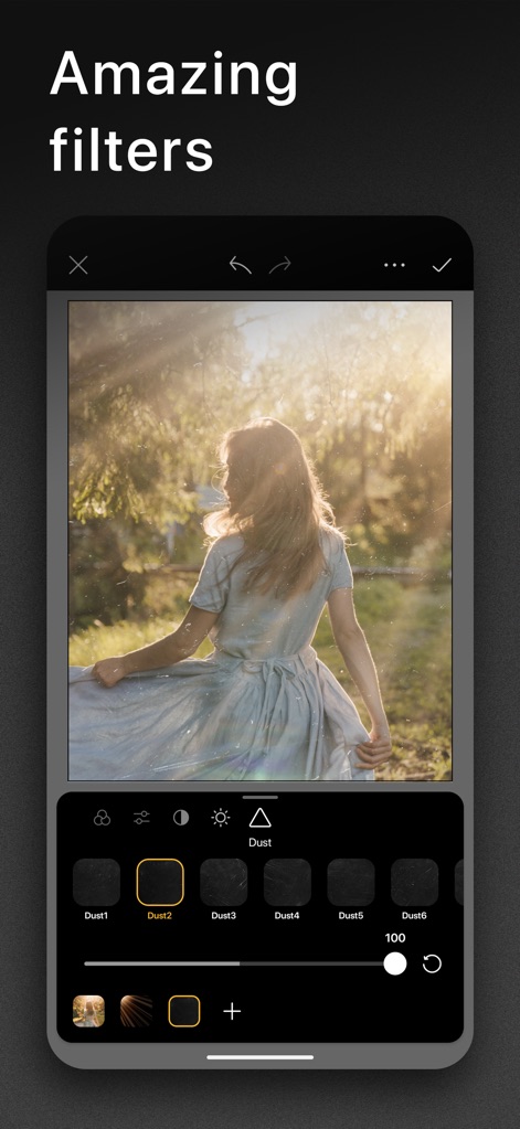 Graphionica: Story Maker - Transform photos with a collection of amazing filters, such as the 'Dust2' preset, easily adjustable with an intensity slider for perfect visual enhancement.