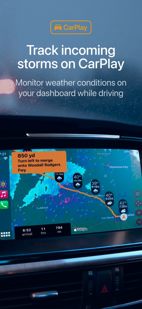 Weather on the Way - The app seamlessly extends to Apple CarPlay, displaying real-time weather overlays directly on the dashboard alongside navigation cues and temperature icons for upcoming segments.