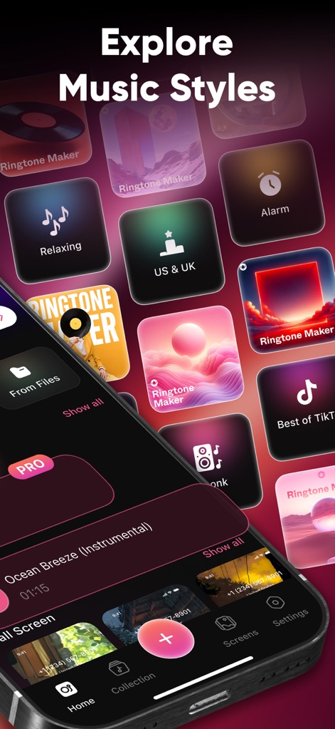 Ringtones Maker & Wallpapers - Los usuarios pueden navegar por una amplia variedad de estilos a través de coloridos iconos categorizados y una barra de navegación inferior bien definida.