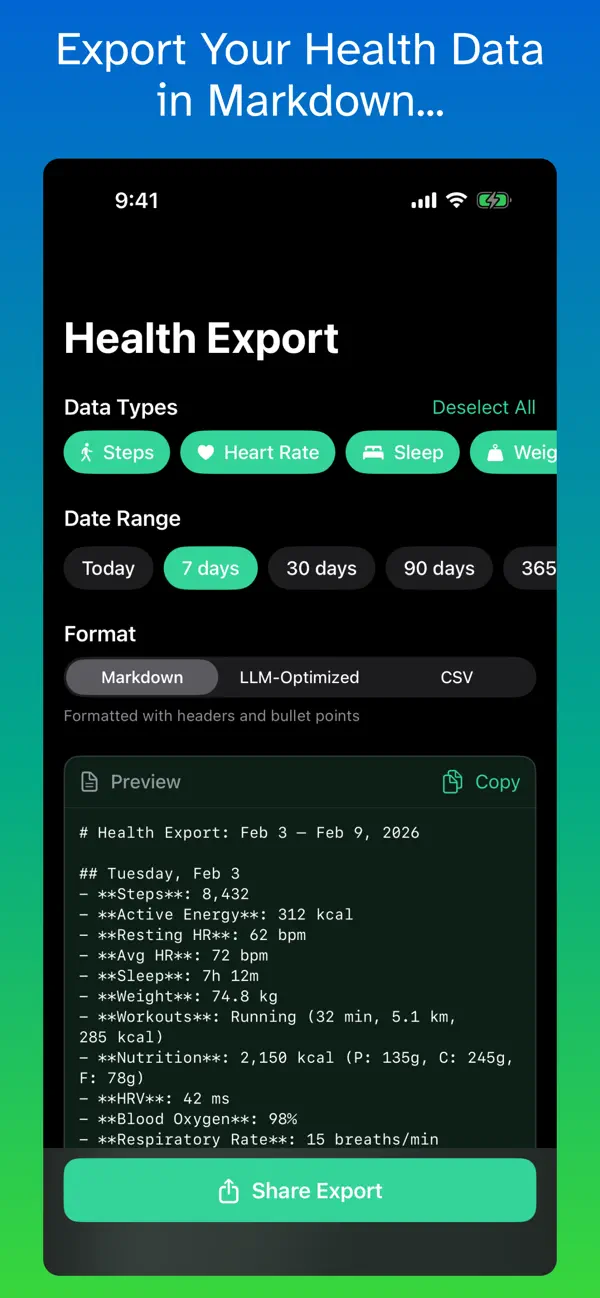 Screenshot #1 pour Health Export - AI Data Share
