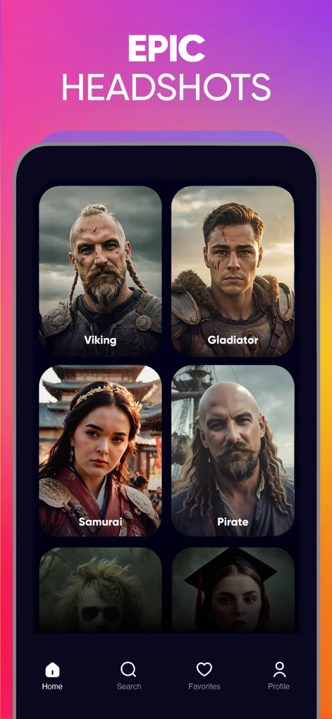 Revive: AI Face Photo Animator - Les utilisateurs peuvent générer des portraits IA époustouflants, explorant une multitude de styles thématiques comme les guerriers vikings ou les samouraïs, pour réimaginer leur identité numérique.