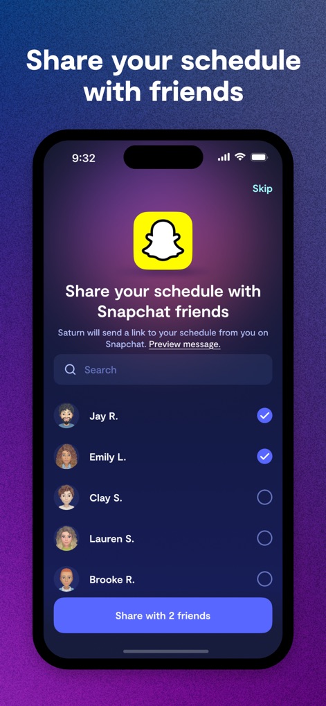 Saturn Calendar - The app provides a direct sharing interface with the Snapchat logo to send schedules, and a list of friends with selectable checkboxes for quick sharing.