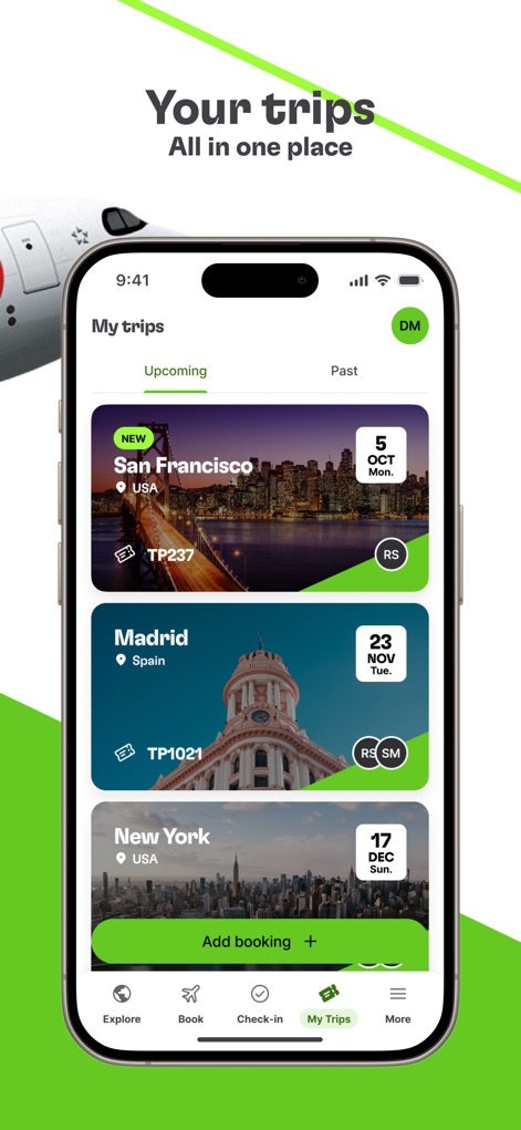 TAP Air Portugal - Users can effortlessly manage their journeys within the 'My trips' section, clearly distinguishing between 'Upcoming' and 'Past' travel plans.