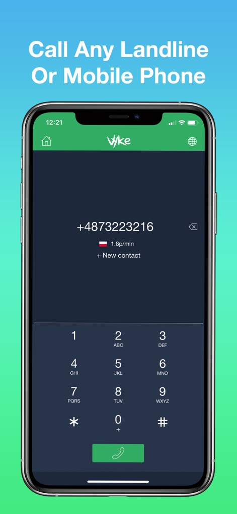 Vyke: Second Phone Number - Les utilisateurs peuvent composer n'importe quel numéro via le clavier intuitif, avec l'avantage de visualiser le coût par minute, comme ici pour un appel en Pologne avec le drapeau polonais et le tarif "1.8p/min" affichés, rendant les communications mondiales économiques et transparentes.
