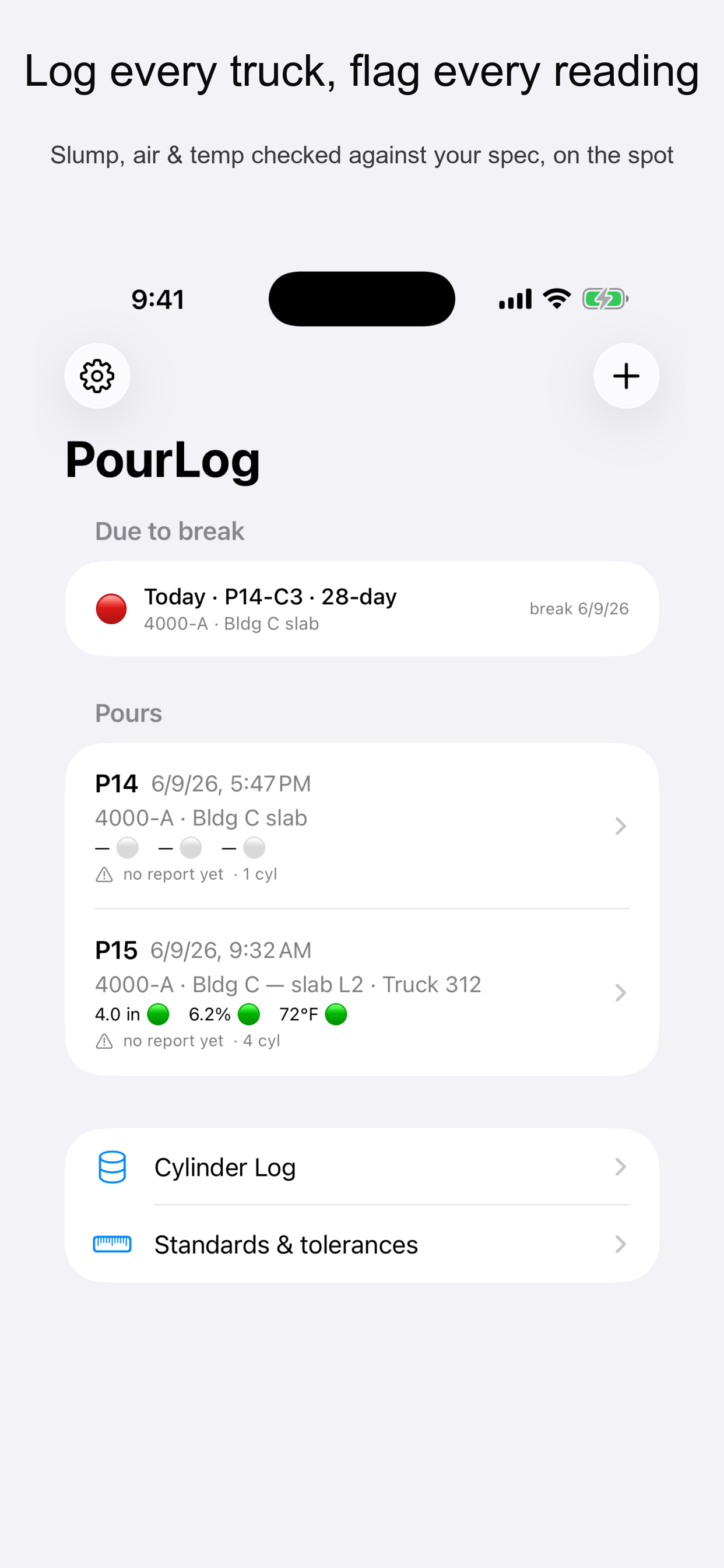 PourLog: Concrete Test Log screenshot 2