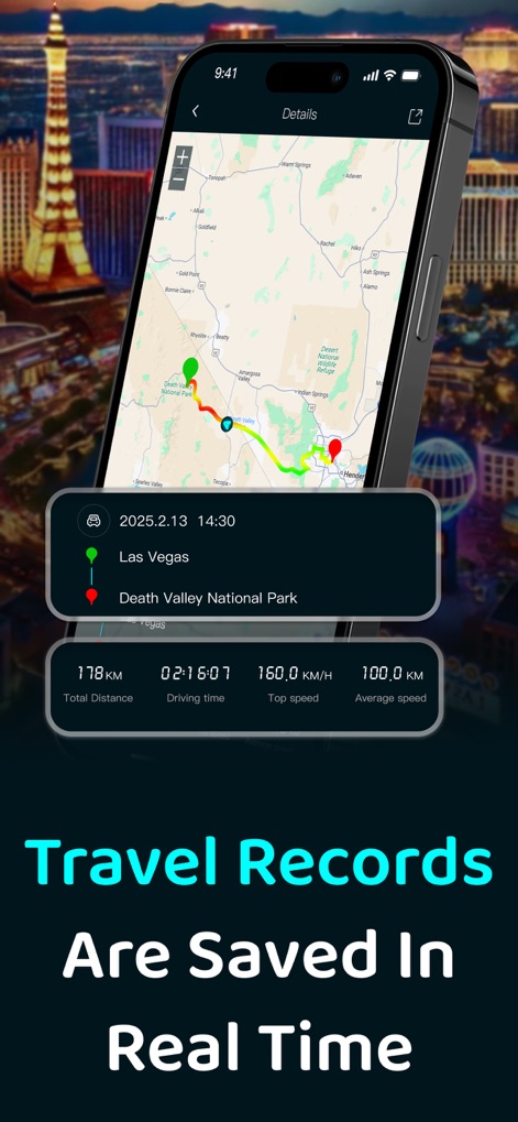 Speedometer GPS: Speed Monitor - This tool automatically records and displays detailed driving data, including a traced map trajectory and key metrics like total distance and driving time, for easy review.