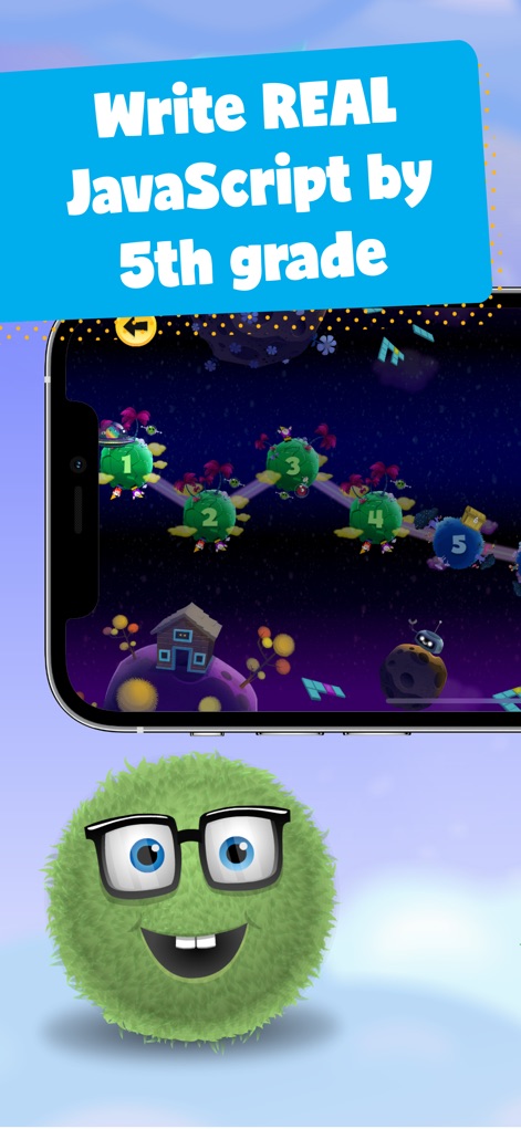 Kodable Basics - Suivez la progression structurée sur la carte galactique, où chaque niveau numéroté mène les élèves à écrire du vrai JavaScript dès la 5e année.