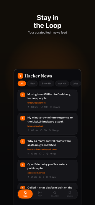 Hacker News App. Screenshot 1 of 5