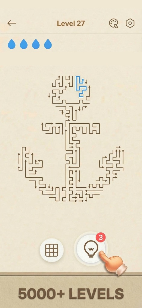 Arrows GO! - This view highlights complex, artful arrow formations and demonstrates user interaction with the hint system, including its visual feedback and notification badge.