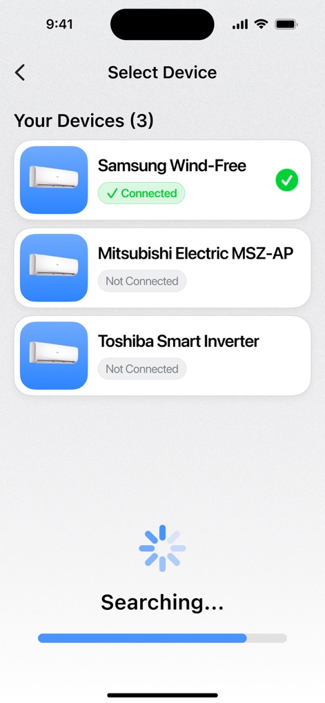 Smart AC Remote Controller App - The app simplifies device management, presenting a clear "Your Devices" list to easily identify connected units and a distinct "Searching..." animation during device discovery.