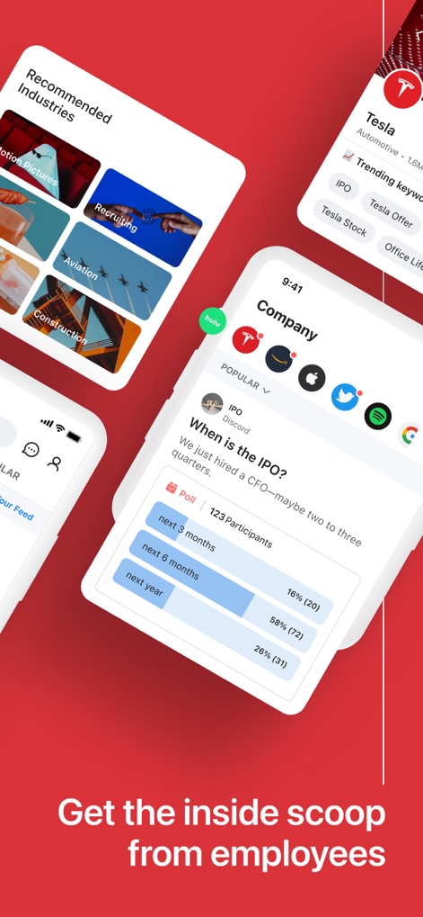 Blind - Professional Community - Nutzer können eine breite Palette von empfohlenen Branchen entdecken, während ein Beispiel einen Unternehmens-Thread mit einer Umfrage zeigt, die den Nutzern ermöglicht, ihre Meinungen zu spezifischen Ereignissen zu teilen.