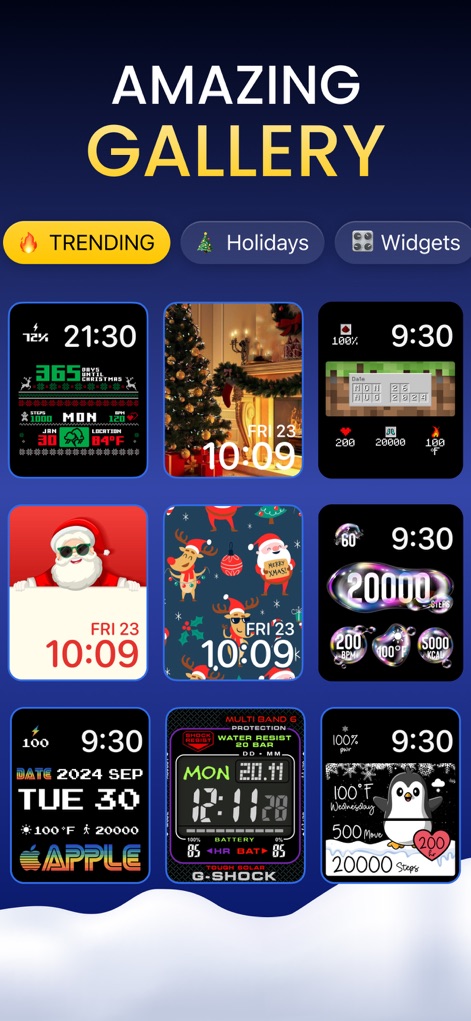 Watch Faces & Widget Gallery - The app offers an extensive gallery of watch faces, allowing users to browse diverse designs through intuitive categories like 'Holidays' and 'Trending' for quick discovery.