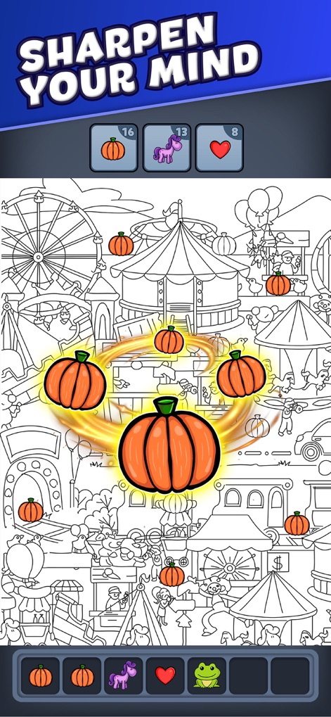 Triple Match City - Observe how users engage in the core triple-match gameplay, identifying multiple pumpkin objects and tracking their remaining counts in the top bar.