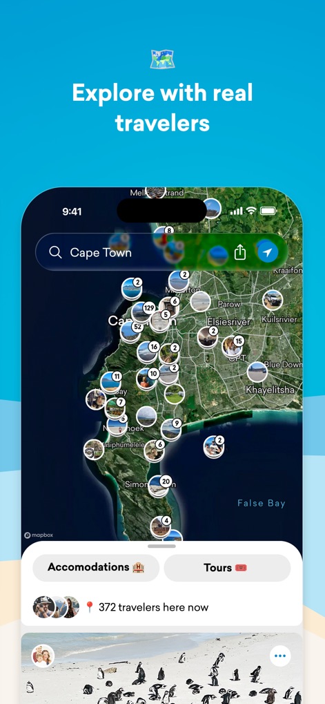 FindPenguins: Travel Tracker - The app allows users to explore points of interest on an interactive map, identifying accommodations and tours, along with real-time traveler counts.