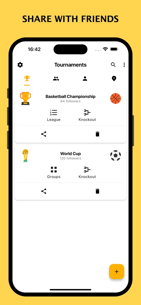 Winner - Tournament Maker App - Facilitate community engagement by sharing tournaments and displaying follower counts directly from the main 'Tournaments' view.