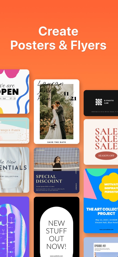 Boon: AI Logo Maker & Design - Nutzer können mühelos ansprechende Marketingmaterialien wie Poster und Flyer erstellen, wobei eine Vielzahl von Vorlagen für Anlässe wie Hochzeiten und Verkaufsaktionen zur Verfügung steht.