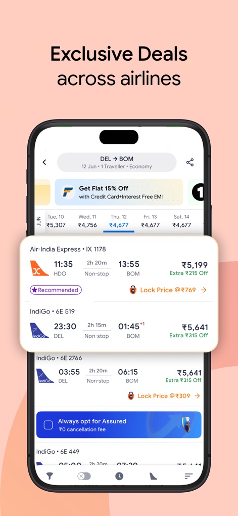 ixigo: Flight & Hotel Booking - The app displays exclusive deals across various airlines, presenting options with a "Lock Price" feature and credit card promotional banners for additional savings.